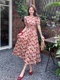 French Red V-Neck Bubble-Sleeved Dress Women's Summer 2026 New Waist Thin A-Character Temperament Dress