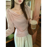 French Pink Design Collar Horn Shoulder Long Sleeve Bottom Shirt Autumn And Winter Temperament To Take A Small Chic Top Woman