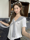 Navy Collar Design With Striped Shawl Short-Sleeved T-Shirt For Women 2026 Summer Giant Look Good Wearing Loose Thin Top
