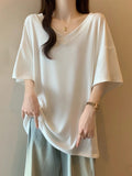 Large-Size Fat MM Korean Version Of Leisure Lazy Wind V-Neck Short-Sleeved T-Shirt Women's Summer New Loose Thin Meat Clothes