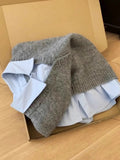Grey Blue Sweater Shirt Fake Two Stacks Of Women's Autumn And Winter Korean Design Sense Niche Unique Knitted Shirt Top