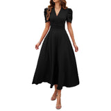Dili 2025 Spring And Summer Temperament Elegant Solid Color High-Waisted Vneck Solid Color Short-Sleeved Dress Dress Women's Dress