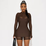 Autumn 2025 Solid Color Round Neck Long Sleeve Mesh Bag Hip Splicing Trousers Fashion Hip Dress