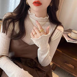 2026 Autumn And Winter New Velvet Warm Slim Slim Thin Long Sleeve T-Shirt T-Shirt Women Half-High Collar Lace Blouse