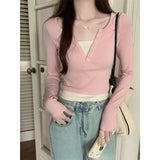 Fake Two Shoulder-To-Shoulder Pink Long-Sleeved T-Shirts In The Autumn To Set Up Slim Slim Alone Especially Sweet And Spicy Bottom Tops