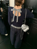 Tibetan Blue Bow Lattice Spliced Hem Long-Sleeved T-Shirt Girl 2026 Early Autumn Folded Empty Bottom Shirt Top