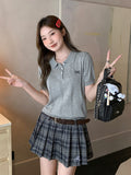 Grey Polo Collar Short-Sleeved T-Shirt Blouse Summer 2026 New Bow Design Knitted Shirt