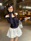 One-Word Shoulder Mesh Splicing Bumpy Color Strapped Long-Sleeved T-Shirt For Women In Early Autumn 2026 Slimming Bottom Shirt