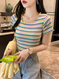 Rainbow Striped Cotton Short-Sleeved T-Shirt Women's Summer 2025 New Super-Fire Slimming Wood-Eared Top