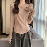 White Long-Sleeved Bottom Shirt Women In Autumn And Winter With A Short Fish Bone Top Design Embroidered Plus Velvet Hair T-Shirt