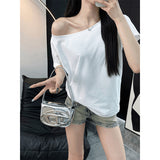 Pure Cotton Oblique Shoulder Design Small Babes Short-Sleeved T-Shirt Girls Summer Loose Lazy Wind Casual Shoulder Coat
