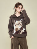 Brown Puppy Plush Collar Long-Sleeved Knitted Sweater Coat In Autumn And Winter Bottom With Thicker Warm Tops For Women