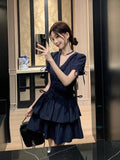 French Spice Girls V Collared Thin Hepburn Style Dress Women's Summer Retro Body Soaked-Sleeved Cake Skirt