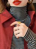 De-Hing Pile Collar Striped Bottoming Shirt Women's Long Sleeve 2025 Autumn And Winter 2025 New Set-Up Warm Top T-Shirt