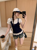 Chic Design Fake Two Round Collar Short-Sleeved T-Shirts In The Spring And Summer Hem Wood Ear Beautiful Stacked Inside The Top