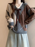 Wine Red Ringge Sweater Women 2025 Autumn And Winter New Fat Mm Lace V-Neck Knitted Cotton Dress Retro Maillard Top