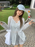 Unique Blue And White Stripes Bump Round Neck Long Sleeve Sunscreen Shirt Women Summer Open Fork Bare Back Pure T-Shirt Small Top