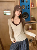 Oatmeal Hottie Body V-Neck Long-Sleeved Bottom Shirt Woman 2026 Spring And Autumn With Chest Pad Hanging Neck Strap Vest Top