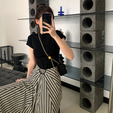 T-Shirt Women Shoulder Short Sleeves Of European Goods 2025 New Thin Round-Neck Shirt Folded Bottom Tops Body Truss