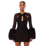 2025 New Autumn And Winter Women's Sexy Mesh Cross Hollow Long-Sleeved Plush Cuffed Bag Dress
