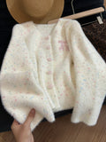 Korean Sweet Embroidered Colorful Plush Sweater Coat Woman 2025 Autumn And Winter Show Skinny Knitted Shirt Top