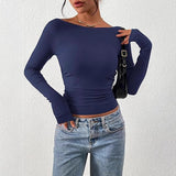 Women's Long Sleeve 2025 Autumn Word Collar Basic T-Shirt Casual Rib Knitted Corrugated Tribs