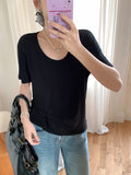 Korean Point Flower Apricot U Collar Shoulder Short-Sleeved T-Shirt 2026 Summer New Loose Thin Lazy Style Chic Top