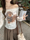 One-×Ö-Neck Cute Puppy Prints Out-Shoulder Long-Sleeved T-Shirt For Women 2026 In Early Autumn New Folding Lace Slanted Shoulder Coat