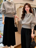 Korean Design Sense Of Old Money Wind Gray Familiar Side Collar Knitted Shirt Women Autumn And Winter Thick Sweater