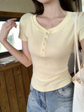 Yellow Babes Half-Neck Design Feel Short-Sleeved T-Shirt Girl 2026 Summer Repair Waist Short Shoulder Dress