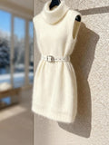 Dress Small Man Temperament To Attend Important Occasions Folded White Knitted High-Neck Vest Dress Winter