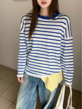 Korean Loose-Sensitive Stripes Bumpy Round-Neck Long-Sleeved T-Shirt For Women's Summer New Loose Meat Cover Thin Cloth