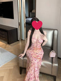 French Floral Tice V-Necked Dress Woman Spring Body-In-Law Long Dress Gentle Pocket-Buffed Ass Skirt