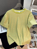 2025 New Summer Striped Short-Sleeved T-Shirt Girl Chic Loose Korean Version Of The Right Shoulder Reduction Body Blouse Ins