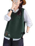 Vintage Art Buckle Embroidered Knitted Vest For Women's Extra-In-2025 Spring New Round-Neck Cotton Sweater Vest