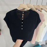 Thin Ice Silk Knitted Women's 2025 New Summer Design Hollow Bare Back Knitted Short-Sleeved Top Women Summer