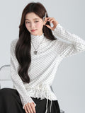 White Half-High Collar Wood Ear Wave Point Long Sleeve Lace T-Shirt Inside The Autumn And Winter Loose Top Lady