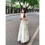 French Retro Ink Print Sling Dress Women's Summer Beautiful Temperament To Close The Waist And Bare Seaside Holiday Dress