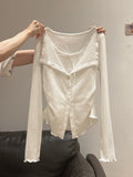 Wood Ear Unique Collar Long-Sleeved T-Shirt Women's Fake Two Single Buckle Shirt Early Autumn Wearing V-Neck Bottom Shirt