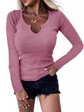 Spring And Winter Pure Color Pit Deep U Collar Long-Sleeved Casual Fashion Women's T-Shirt Spicy