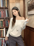 Tibetan Blue Babes Sexy Oblique Shoulder Long-Sleeved T-Shirt Girl With Shoulder Early Autumn Lazy Wind Loose Thin Shoulder