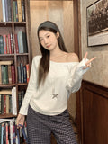 Milk Green Oblique Shoulder Pure Lusty Long-Sleeved T-Shirt Girl Early Autumn Shoulder Relaxation Feeling Lazy Bottom Top