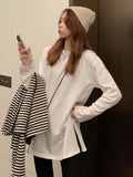 Pure Cotton Open Fork White Long-Sleeved T-Shirt Round Collar Long-Sleeved Bottom Shirt Women With Autumn Cover Ass Large Size Shirt
