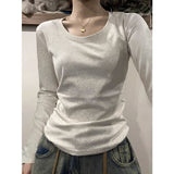 White Flower Ash U Collar Shoulder Long-Sleeved T-Shirt Women Autumn And Winter Cotton And Thin Velvet In Low-Collar All-In-Bottom Small Shirt Top