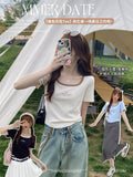 Positive Shoulder Collar Short-Sleeved T-Shirt Girls Summer Slim Skinny Collared Short Fish Bone Cotton Tops In Casual Match