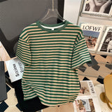 2025 New Summer Striped Short-Sleeved T-Shirt Girl Chic Loose Korean Version Of The Right Shoulder Reduction Body Blouse Ins