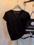 Summer Blue Little Flying Sleeve Ice Silk Knitted Short-Sleeved T-Shirt Femininity Slime Straight Shoulder Unique Beautiful Top