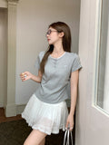 Korean Unique Fashion Shoulder Short-Sleeved T-Shirt For Summer New Lace Spliced Embroidered Bow Blouse