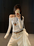 White Oblique Shoulder Letter Print Design Long-Sleeved T-Shirt 2026 Early Autumn New Slimming On The Shoulder