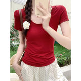 Low-Neck Thin Bottom T-Shirt Girl White Set-Up Basic Shoulder Repair Spring And Summer Sweet Hottie Short-Sleeved Top